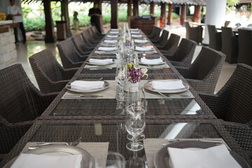 Neatly decorated table for celebration in grey colors. Selective focus.