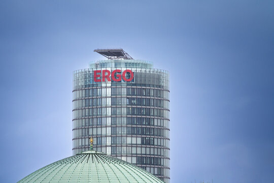 DUSSELDORF, GERMANY - NOVEMBER 7, 2022: Ergo Insurance logo on their headquarters of Dusseldorf. Ergo Group is a German Insurance company offering various insurance products from life to property.