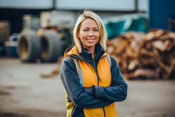 Recycling center female worker posing in front of a pile of scrap