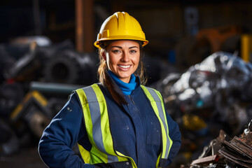 Recycling center female worker posing in front of a pile of scrap