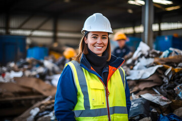 Recycling center female worker posing in front of a pile of scrap