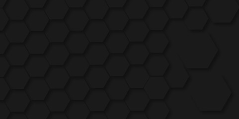 Background of abstract black 3d hexagon background design a dark honeycomb grid pattern. Abstract octagons dark 3d background.Black geometric background for design. 