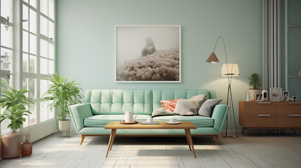 Mint colour sofa and wooden table in a room with wall art at country house. Scandinavian minimal interior design.