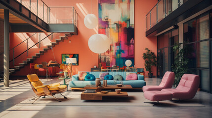 Colorful interior design. Modern living room with couch. Blue, pink and pastel colors.