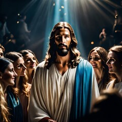 A digital painting of Jesus standing with his followers.