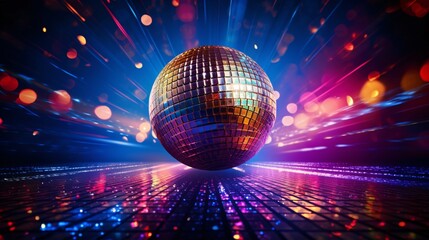 Disco ball emanating radiant lights in a vibrant nightclub setting - obrazy, fototapety, plakaty