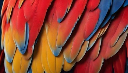 Obraz premium Close up of red and yellow with blue outline Scarlet macaw bird's feathers.