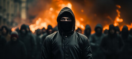 Black masked gangster participate on riot protest. Generative AI technology.
