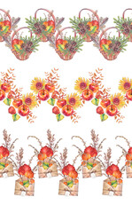 Set seamless rim with watercolor brown wicker basket with autumn leaves and pine cone and fir on white background. Hand-drawn art for celebration frame. Border for wallpaper or wrapping for kitchen