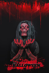 Halloween concept of spooky bloody grim reaper with skull face portrait with the dark hell background with the blood splattered and dipped from above