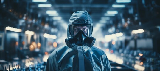 Scientist wearing gas mask and full protection coat at blurred semiconductor factory laboratory. Generative AI technology.	
