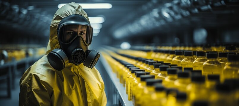 Full protective suit scientist checking hazard chemical at nuclear research laboratory. Generative AI technology.