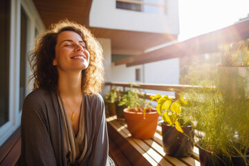 Young woman relishing a moment of peace and reflection on her balcony, emanating gratitude and contentment and enjoying sun rays