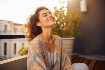 Young woman relishing a moment of peace and reflection on her balcony, emanating gratitude and contentment and enjoying sun rays