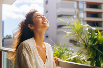 Young woman relishing a moment of peace and reflection on her balcony, emanating gratitude and contentment and enjoying sun rays