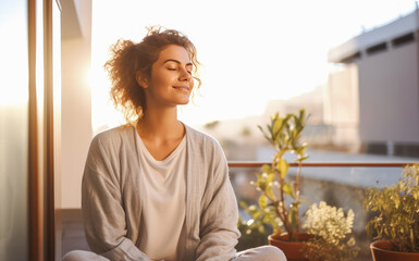 Young woman relishing a moment of peace and reflection on her balcony, emanating gratitude and contentment and enjoying sun rays - obrazy, fototapety, plakaty