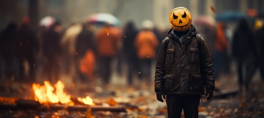 Obraz premium Pumpkin head person at street protest. Generative AI technology. 