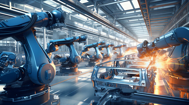 Welding robots in the automobile manufacturing industry at an industrial factory.