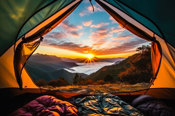 Beautiful view of serene mountain landscape from inside a tent, stunning sunrise, nobody