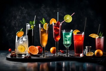 Cocktails assortment served on dark background. Classic drink menu concept