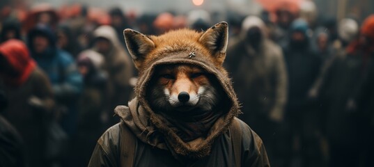 Hooded fox at street protest. Generative AI technology.