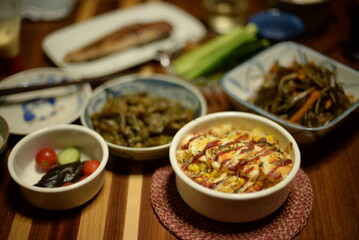 Baked potatoes with egg for dinner.
