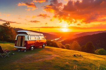 Vintage camper van in beautiful nature at sunset. A concept of freedom, adventure, and the joy of travel