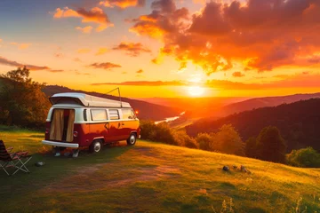 Fototapeten Vintage camper van in beautiful nature at sunset. A concept of freedom, adventure, and the joy of travel © MVProductions