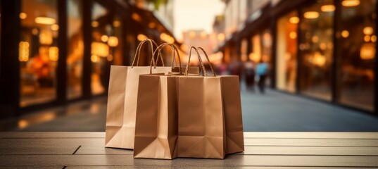 Shopping bag and gift at blurred street background. Generative AI - obrazy, fototapety, plakaty