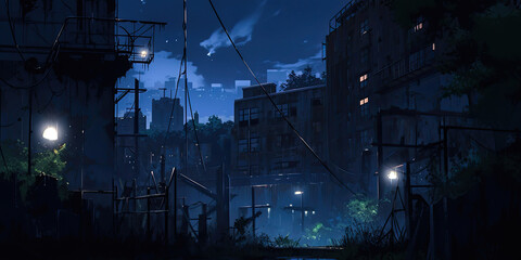 Anime abandoned urban cityscape streets dark night background, generated AI
