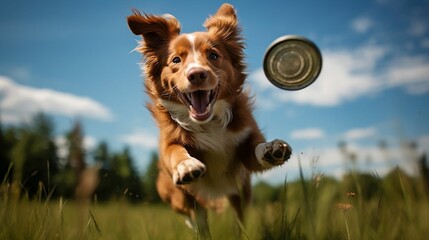 Euphoric expression of a dog catching a frisbee mid-air
 - obrazy, fototapety, plakaty