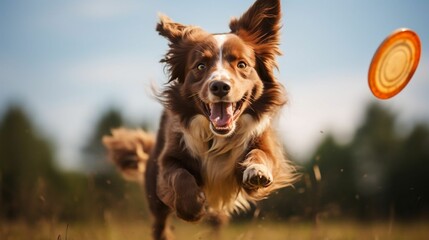 Euphoric expression of a dog catching a frisbee mid-air
