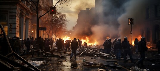 Protestor riot movement. Chaos burning city street. Generative AI technology.