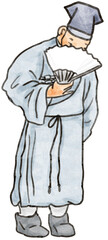 Korean traditional painting illustration, kimhongdo artist. scholar holding a fan