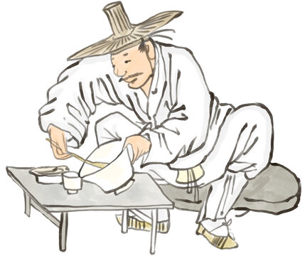 Korean traditional painting illustration, artist kimhongdo. A man eating at a tavern