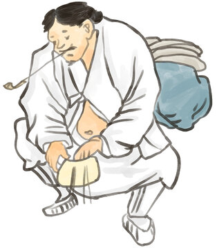 Korean traditional painting illustration, artist kimhongdo. A man smoking a cigarette and checking his pockets
