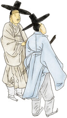 Korean traditional painting illustration, artist shinyoonbok. men in conversation