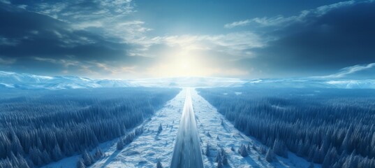 Panoramic road at winter season. Generative AI technology.