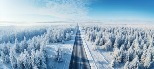 Aerial view road between the winter season forest. Generative AI technology.