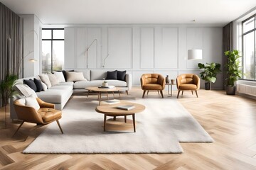 Concept of  living room with hardwood floor in modern apartment