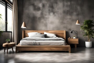Interior design of modern bedroom with wooden bed with concrete floor 