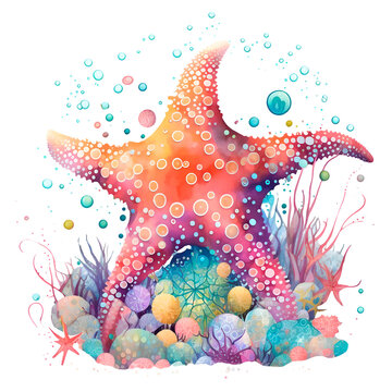 watercolor starfish illustration isolated on transparent background, underwater animals ocean collection. Generative AI. Watercolor. Template