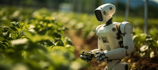 Humanoid robot monitoring crop at farm. Generative AI technology.	
