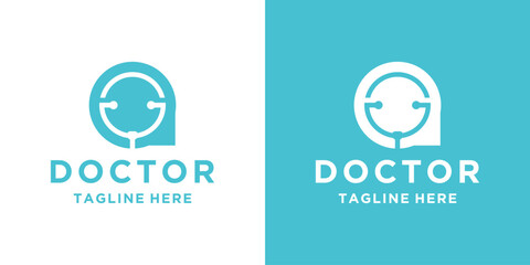 Hello doctor abstract vector. Medical care logo design. Combination symbol of chat bubble and stethoscope icon.