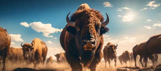 Bison or buffalo herd at field. Generative AI technology.