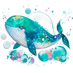 watercolor sea whale illustration isolated on transparent background, underwater animals ocean collection. Generative AI. Watercolor. Template