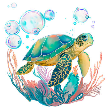 turtle in watercolor style illustration. Sea green turtle isolated on white background. Watercolor. Template