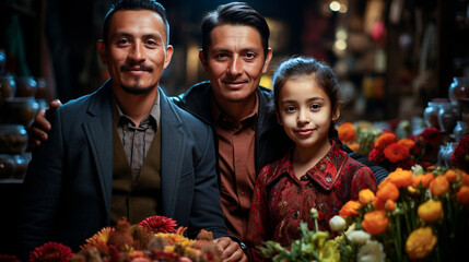 Mexican family in a market, full of cempasuchil flowers. Two Caucasian men, along with a small girl, with their hair braided, near a flower of the dead stall, in a market. - obrazy, fototapety, plakaty