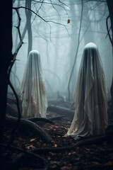 Vertical image of two white ghosts, in the middle of the foggy forest, halloween, generative AI