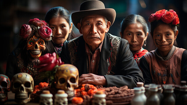 Elderly Latino Man With Three Latina Girls Behind Him. Altar Of The Dead, With Cempasuchil Flowers And Some Skulls, For Decoration, Generative AI